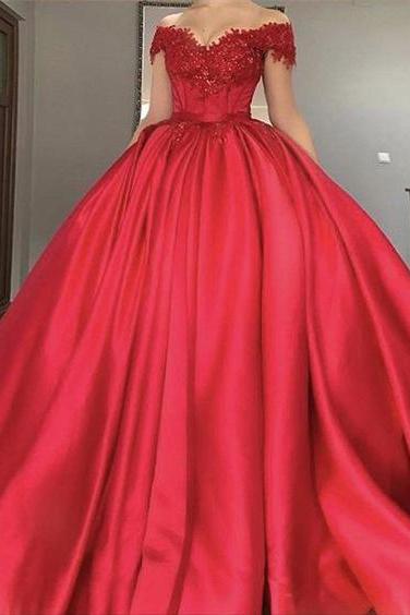 Ball Gowns Prom Dress,ball Gown Prom Dresses,red Off-the-shoulder Prom Gown,princess Evening Dress,long Formal Dress,satin Evening