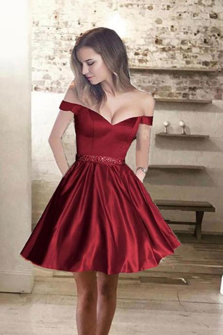 A Line Off Shoulder Homecoming Gown,sexy Homecoming Dress,satin Short Prom Dresses,graduation Dresses With Beading Waist,h032