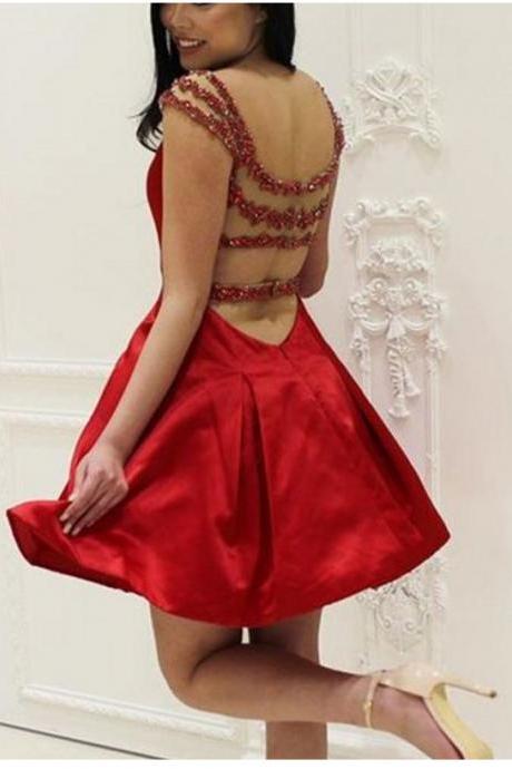 A-line Stain Beading Prom Dress Homecoming Dress,red Mini Prom Dress Homecoming Gown,beads Short Party Dress,cocktail Dresses,h035
