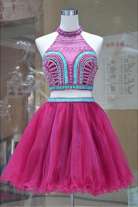Two Piece Homecoming Dress,Pretty Tulle Halter Neckline Prom Dresses,Two Piece Prom Dress,A-Line Short Homecoming Dresses With Beadings,H036