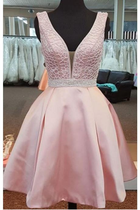 Pink Satin Homecoming Dress,short Sexy Homecoming Gowns,v Neck Short Prom Dress,sleeveless Cocktail Party Dresses, Sweet 16 Dresses,h039