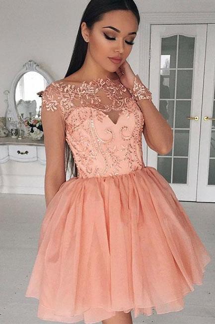 Homecoming Dresses,cute A-line Bateau Mini Dreses,tulle Lace Appliqued Short Homecoming/prom Dress,homecoming Dresses,short Prom Dresses,h041