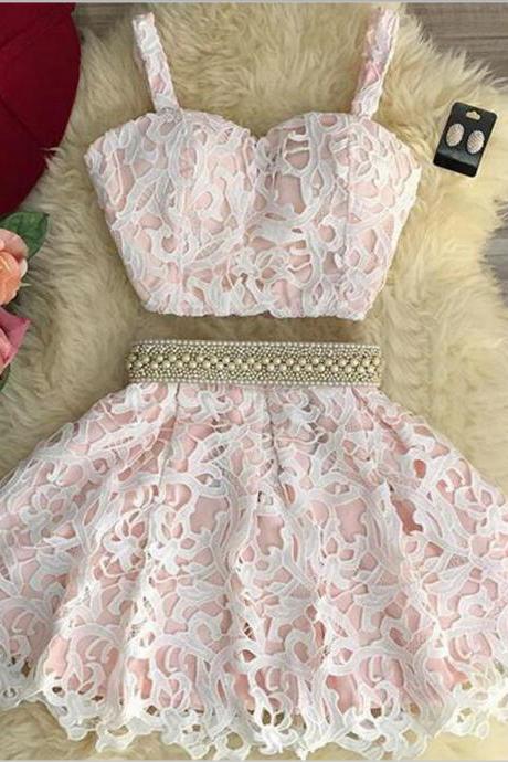Two Piece Prom Dress,a-line Sweetheart Mini Pink Lace Homecoming Dress,straps Homecoming Gown,short Prom Gown,sweet 16 Dresses,graduation