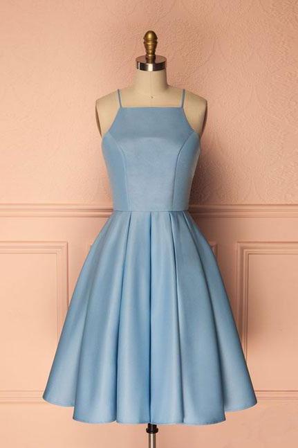 A Line Sky Blue Homecoming Gown,Spaghetti Straps Homecoming Dresses,SHort Party Dresses,Sleeveless Prom Dresses Cocktail Dresses Graduation Dresses,H049