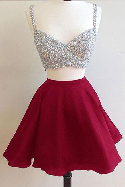 Two-Piece Homecoming Dress Featuring Sequins Sweetheart Shoulder Straps Crop Top and Chiffon Short Skirt 