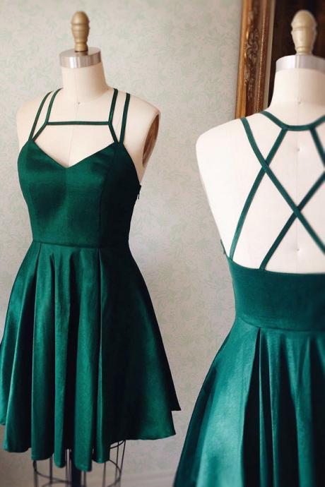 A-line Halter Keyhole Criss-cross Straps Homecoming Dresses,short Dark Green Stretch Satin Homecoming Gown,v-neck Ruched Mini Dress,h053