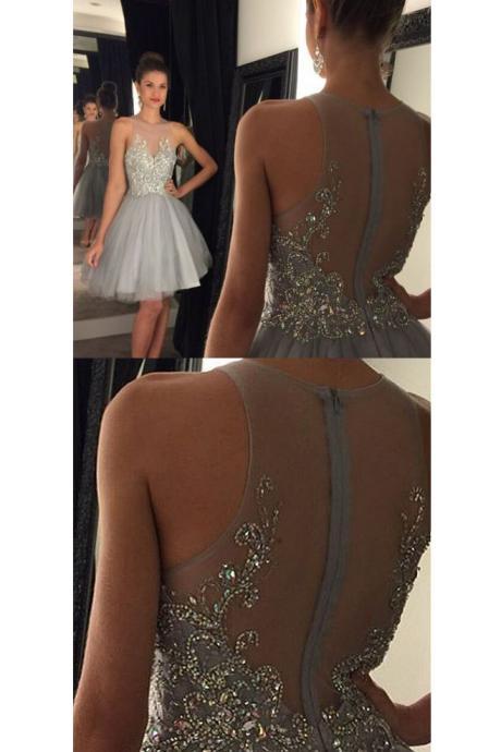 See-through Homecoming Dress With Sequins,light Gray Sequined Homecoming Gown,a-line Sleeveless Tulle Short Prom Dress,graduation Dress,h055
