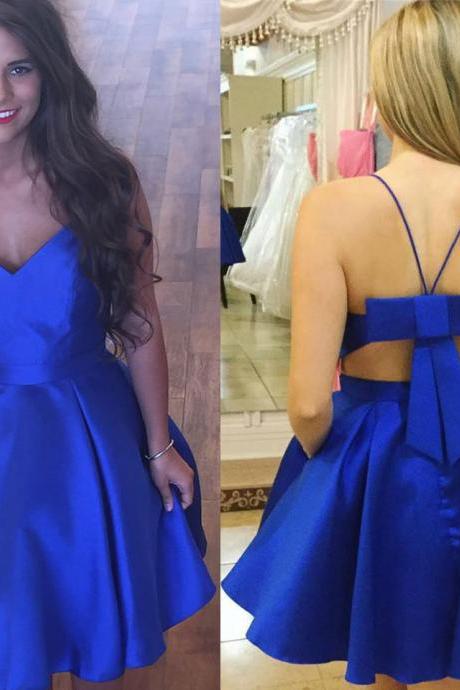 Royal Blue Straps Homecoming Dresses,simple Hoco Dresses,2017 V-neck Satin Homecoming Dresses,mini Dress,short Backless Prom Gown,sweet 16