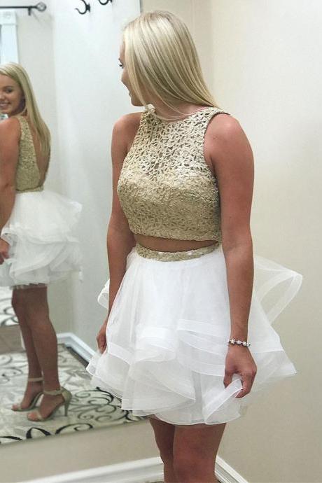 Gold Lace Top Sleeveless Homecoming Dresses,Two Piece Tulle Homecoming Dresses,Mini White Dresses,New Short Prom Gown,Gold Cocktail Dresses,H060