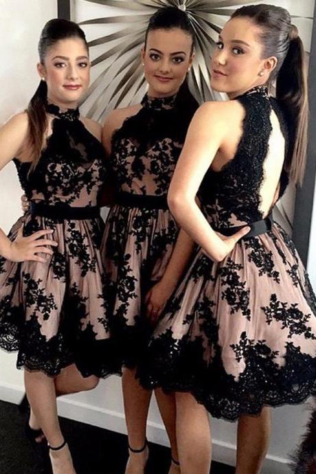 Princess Halter High Neck Prom Dresses,black Lace Appliqued Homecoming Dresses,open Back Sleeveless Short Bridesmaid Dresses,lace Party