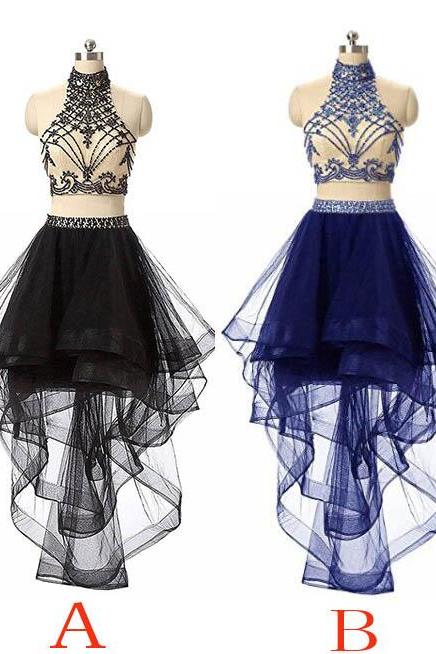 Unique Black Tulle High Neck Homecoming Dress,High-low Beading Short Prom Dress,Evening Dresses for Teens,Two Piece Prom Dress,Royal Blue Dress,H064