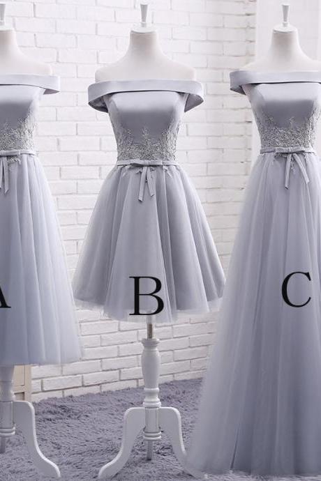 Elegant A-line Gray Off-shoulder Bridesmaid Dresses,prom Dress,appliqued Homecoming Dress With Belt,tulle Prom Gown With Satin Top,b023