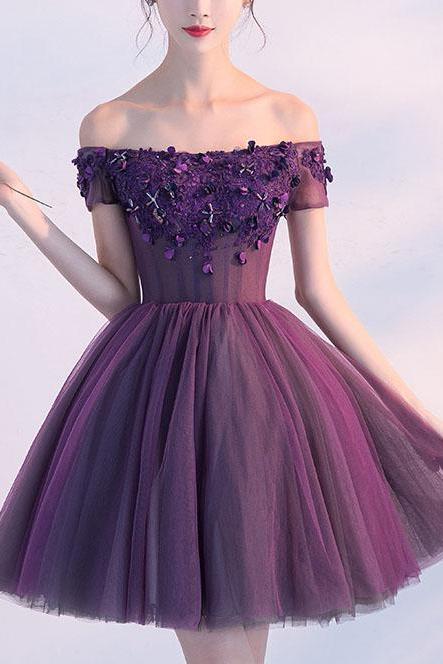Cute A Line Dark Purple Homecoming Dresses,off-shoulder Short Prom Dress,sexy Appliqued Homecoming Dress,short Prom Gown With Beads,h072