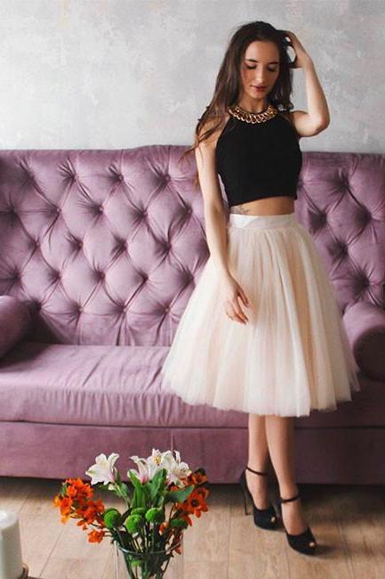 Cute A-Line Homecoming Dress,Two Piece Prom Dress,Champagne Tulle Short Prom/Homecoming Dress,Sleeveless Party Dress,Cocktail Dresses,H074