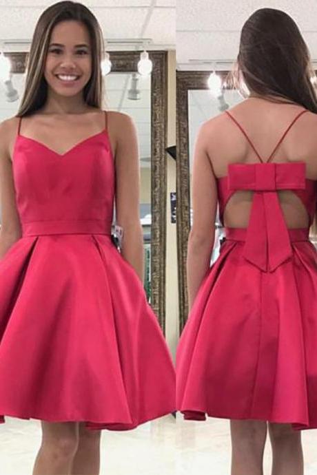Cute Prom Dress,spaghetti Straps Short Homecoming Dress,sexy Junior Bow Back V-neck Party Dress,satin Cocktail Dress,sweet 16 Dresses,h080