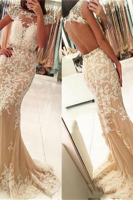 Appliqued Crystals Prom Gown,beading Short Sleeve Formal Evening Dress,mermaid Lace Tulle Open Back Long Prom Dress,p088