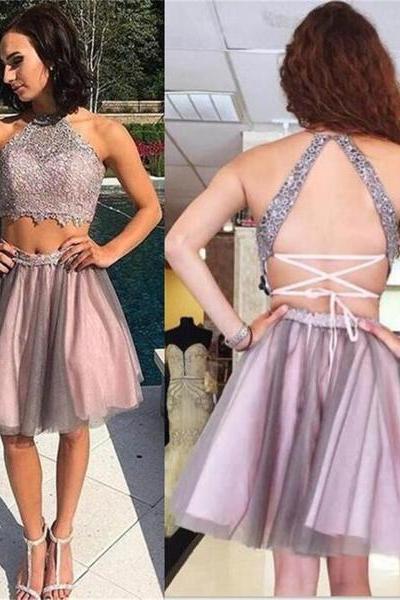 Two-piece Halter Backless Homecoming Dresses,short Brown Homecoming Dress With Beading,sleeveless Graduation Dress,two Piece Prom Dress,h090