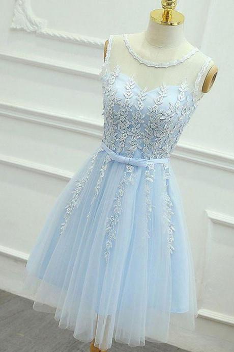 Light Blue Homecoming Dresses, Short Homecoming Dresses,appliqued Sleeveless Graduation Dress For Teens,sweet 16 Dress,h095