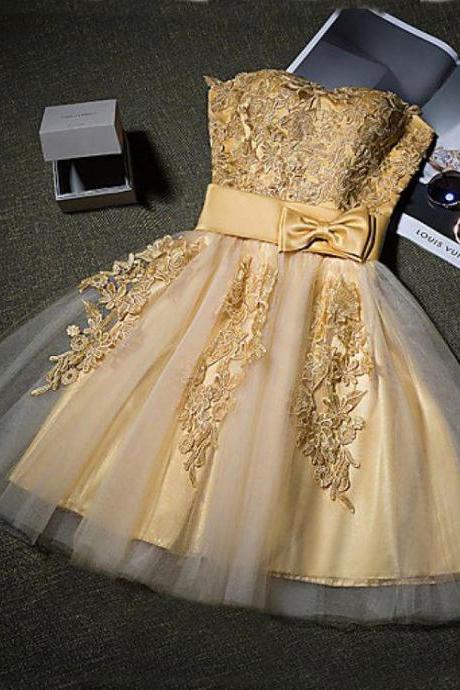 Strapless Homecoming Dress Gold Appliques Homecoming Gown With Bowknot,short Prom Dress Party Dress,mini Tulle Homecoming Dress,h099