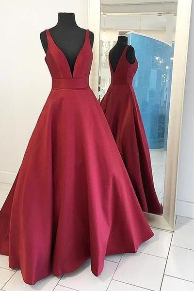 Burgundy Deep V-neck Long Prom Dresses, Sleeveless Floor-length Prom Dress,burgundy Evening Dress,simple Satin Prom Dress,p091