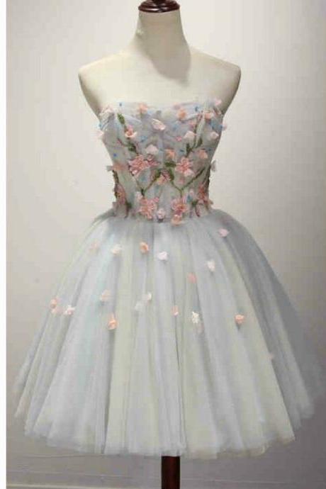Strapless Flowers Tulle Homecoming Dress,A-line Sleeveless Princess Homecoming Gown,Short Prom Gowns,Appliqued Homecoming Dress,H112