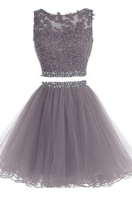Two Piece Homecoming Dresses,two Piece Prom Dress,a-line Sleeveless Tulle Party Dresses,appliqued Homecoming Gown With Beads,h115