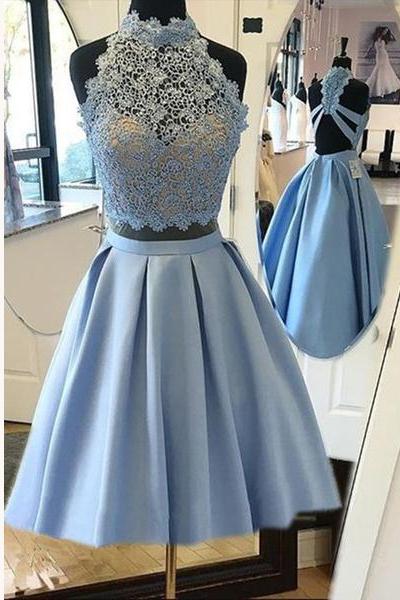 Sky Blue Halter Two Piece Homecoming Dresses,Two Piece Prom Dress,Open Back Sleeveless Short Prom Dress,Lace Short Satin Party Dress,H119