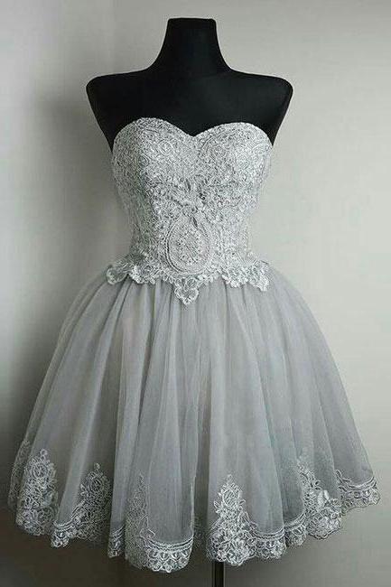 Strapless Sweetheart Neck Grey Homecoming Dresses,lace Appliqued Tulle Short Prom Dresses,mini Dress,short Formal Dress,sweet 16 Dress,h122
