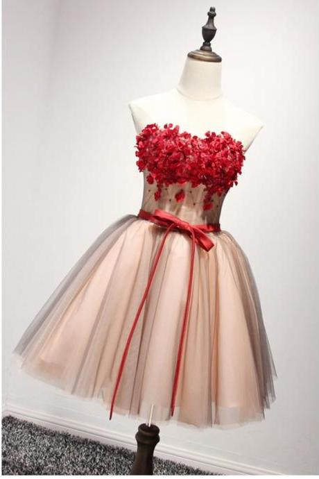 Cute A-line Strapless Short Tulle Homecoming Dress With Red Flowers,tulle Graduation Dresses,appliqued Short Party Dress,mini Dresses,h125