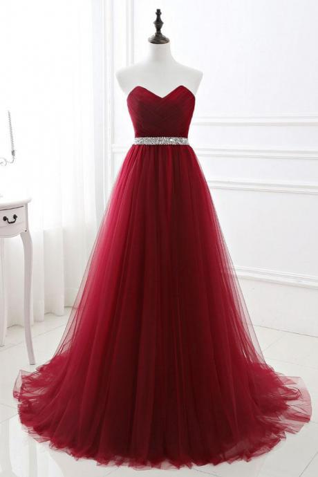Burgundy Tulle Long Prom Dress,bridesmaid Dresses,strapless Prom Gown With Beading Waist,sweetheart Prom Dress Long,p093