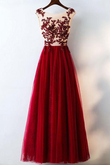 Burgundy Tulle Lace Applique Sleeveless Long Prom Dress,evening Dress,prom Dress Long,a-line Prom Gown,long Formal Dress,p096