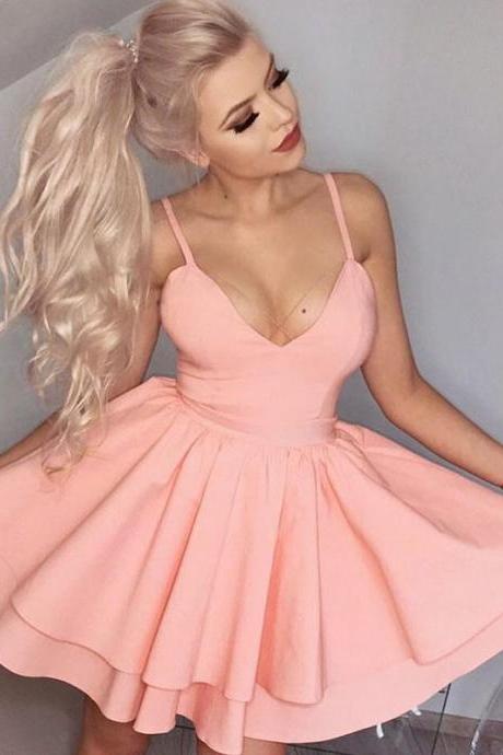 Spaghetti Straps Ruched Homecoming Dresses,v-neck Short Homecoming Gown,sexy Peach Dresses,two Layers Party Dresses,h132