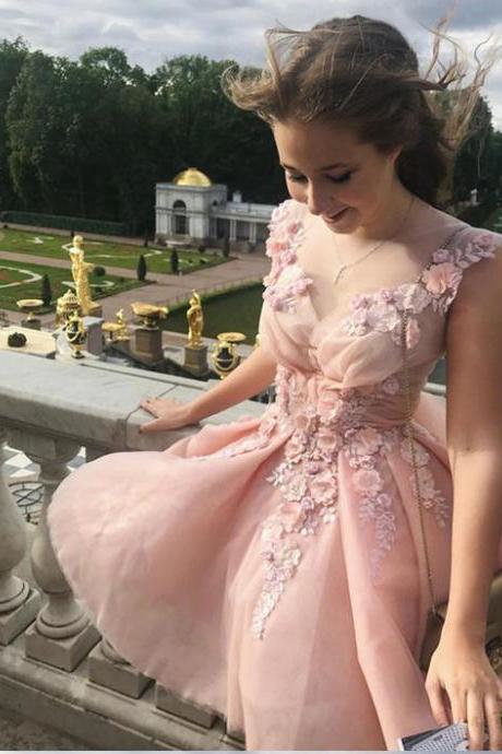 Blush Pink V Neck Sleeveless Appliques Short Homecoming Dresses, Grad Dress With Flower,a-line Party Dresses,sweet 16 Dress,h134