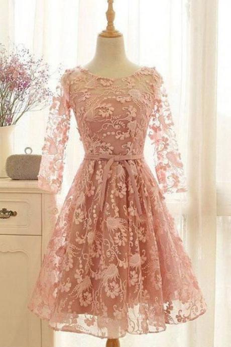 Knee-length Long Sleeves Scoop Dusty Pink Lace Homecoming Gown,a-line Homecoming Dresses With Belt,cute Grad Dress,graduation Dress,grad