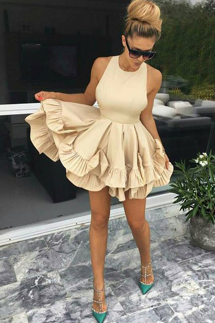 Champagne Jewel Sleeveless Ruched Homecoming Dress,a-line Mini Ruffles Party Gown,short Satin Formal Dress,h143