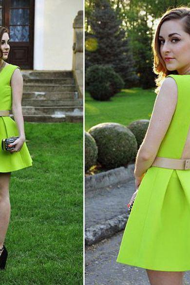 Lemon Green Backless Jewel Backless Homecoming Dress, Ruched Mini Party Dress With Belt,short Prom Dress,h148