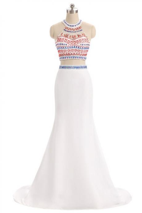 Two Piece Halter Sleeveless White Beaded Prom Dress With Sweep Train,prom Dress Long,long Formal Dress,p100