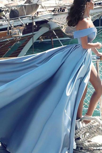 Ocean Blue A-line Off-the-shoulder Ruched Split Sweep Train Prom Dresses,long Formal Dress,evening Dresses,p101
