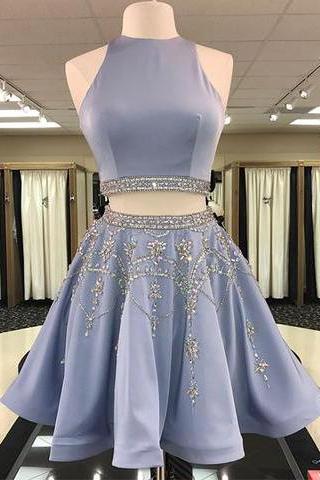 Two Pieces A-line Jewel Sleeveless Open Back Short Prom Dress Beaded Homecoming Dresses,short Prom Dress,party Dresses,h157
