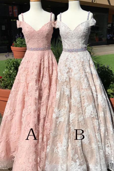 A-line Off-the-shoulder V-neck Lace Prom Dresses,straps Lace Evening Dress With Beading Waist,prom Dress Long,long Formal Dress,p103