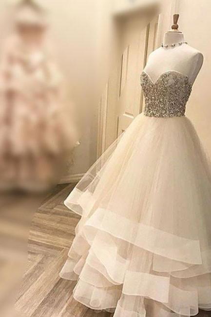 A-line Cute Sweetheart Sleeveless Ivory Tulle Long Prom Dresses,floor Length Tiered Formal Dresses,p104