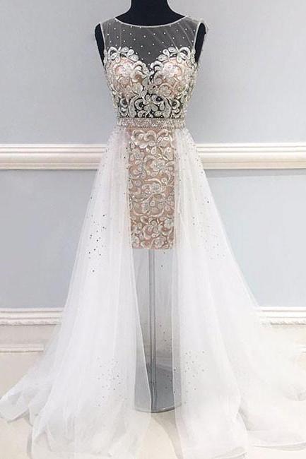 Asymmetrical Scoop Sleeveless Champagne Prom Dress with White Tulle,Beading Prom Dresses with Crystals,P105