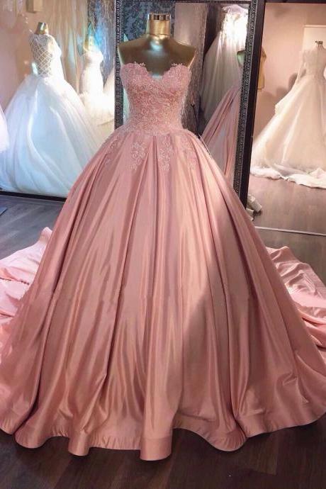 Unique Pink Sweetheart Sleeveless Lace Appliques Ball Gown Prom Dresses,Sweet 16 Dress,Quinceanera Dresses,P106