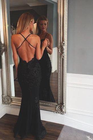 Black Spaghetti Straps Sweetheart Mermaid Criss-cross Lace Prom Dresses,dress For Prom,party Dresses,sexy Sleeveless Evening Dresses,p113