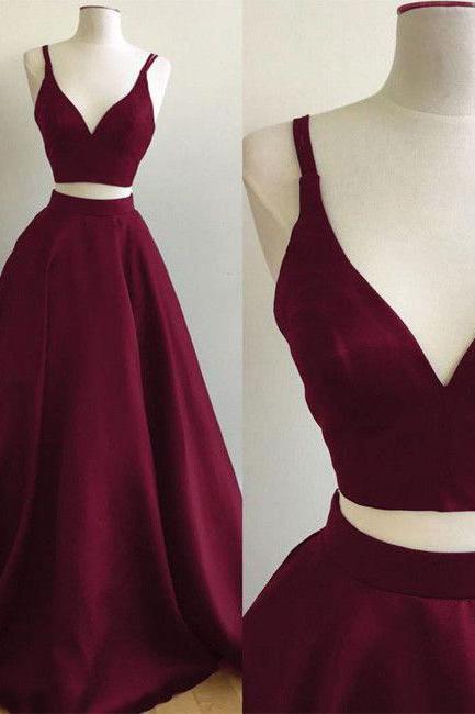 Burgundy Two Piece Straps Sleeveless V Neck Satin Prom Dress,A-line Puffy Evening Gowns,Prom Dress Long,P116