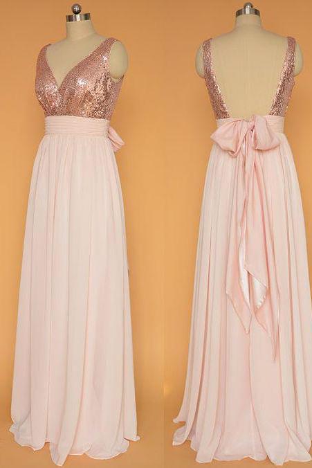 Light Pink Floor-length V Neck Sleeveless Backless Bridesmaid Dresses With Rose Gold Sequins,chiffon Bridesmaid Dress With Belt,b026