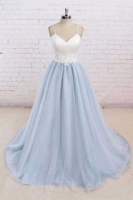 Light Blue Spaghetti Straps Appliques V-neck Tulle Long Prom Dress With White Top,formal Women Dress,elegant Evening Dress,party Gown,p118