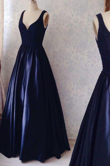 A-line Floor-length V-neck Sleeveless Satin Prom Dress With Lace Top,long Evening Dress,formal Dresses,prom Dress Long,p119