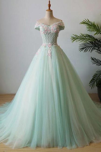 Mint Green Off The Shoulder Ball Gown Tulle Prom Dress,tulle Evening Dresses With Hand-made Flowers,p121