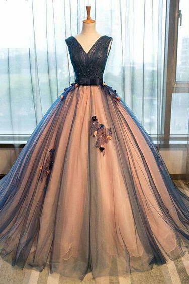 Unique Dark Blue V Neck Sleeveless Tulle Long Ball Gown Prom Dresses,Appliques Formal Dress with Bowknot,Quinceanera Dresses,P123